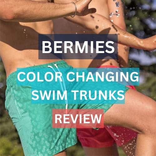 Two guys wearing bermies trunks and review for Bermies color changing